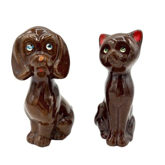 Vintage Redware Japan Pottery Cat and Dog 4.75" Brown - Picture 1 of 12